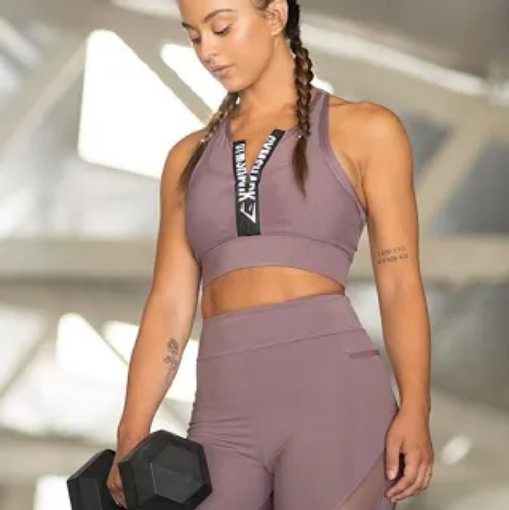 Gymshark Elevate Sports bra in purple and two toned leggings set